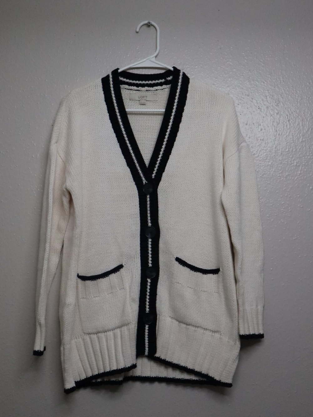 LOFT Cream Cardigan with Black Trim